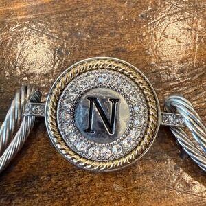 Initial N Cable Bangle Bracelet Rhinestone Two Tone Magnetic Clasp
